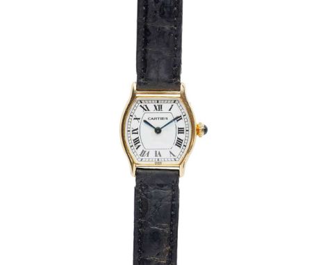 Tortue model, manual wind movement, tonneau case, white dial with Roman numerals in black, railroad outer seconds track also 
