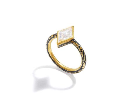 The lozenge-shaped diamond collet-set to an 18ct gold band, decorated with scrolling black enamel motifs, UK hallmarkRing siz