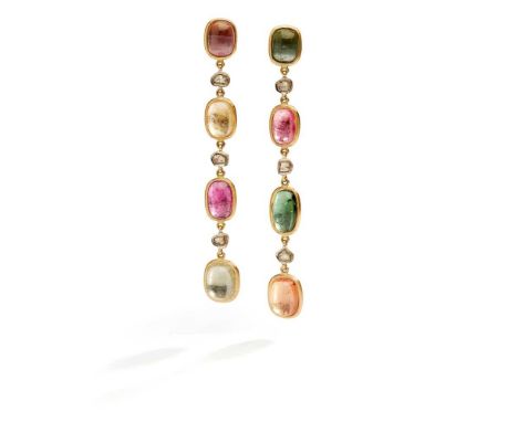 Each designed as a line of four collet-set cushion-shaped cabochon tourmalines with flat-cut diamond spacers, mounted in silv