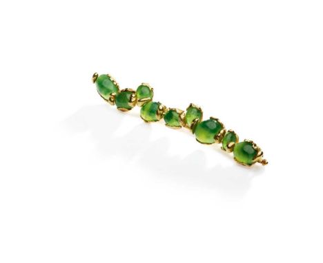 Composed of a series of obliquely-set oval cabochon nephrite jade, within 18ct gold mounts of abstract design, maker's mark, 
