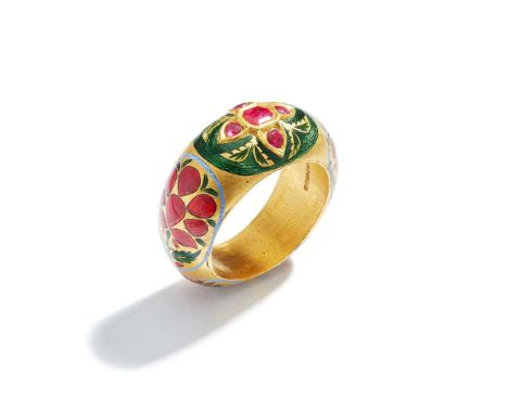 Set with a cut-cornered step-cut ruby and four circular-cut rubies in foiled closed back settings within a green enamel surro