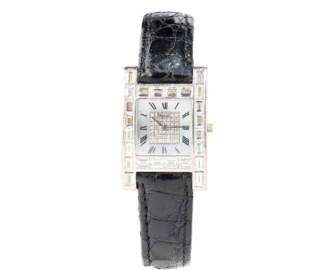 model 13/6402-20, the case with Swiss dog's head assay mark, quartz movement, square mother of pearl dial with a central pave