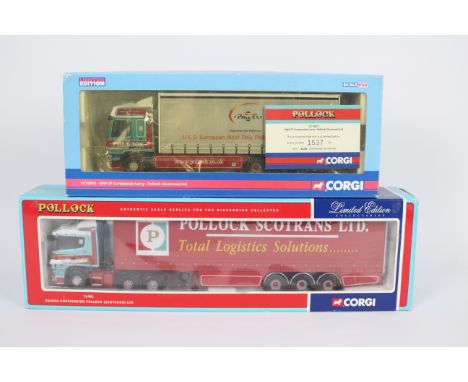 Corgi - 2 x limited edition trucks in 1:50 scale in Pollock Scotrans livery, a DAF CF curtainside rigid number 1537 of only 2