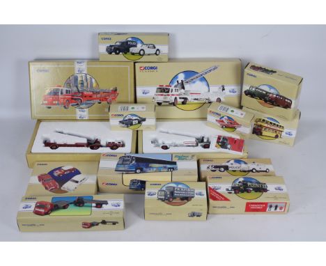 Corgi Classics - 13 boxed diecast Corgi Classic vehicles. Lot includes #97895 AEC Flatbed Truck &amp; Trailer 'BRS'; #97387 A