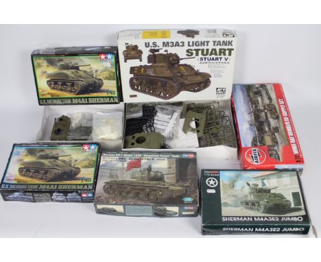 Tamiya, Airfix, AFV Club, Extra Tech - Six boxed plastic military model kits in various scales - all kits appear to have been