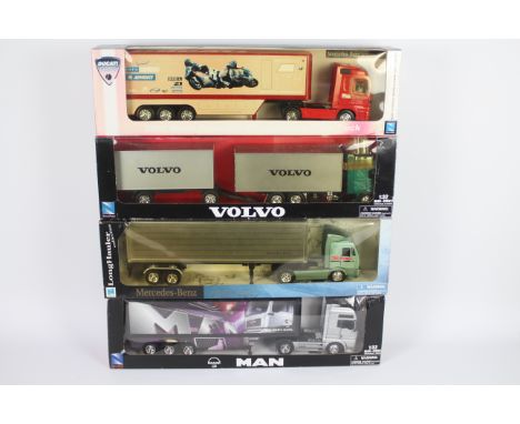 NewRay - 4 x boxed trucks in 1:32 scale, a MAN TG18.410A with box trailer, a Volvo FH 16 box truck and trailer, a Mercedes Ac