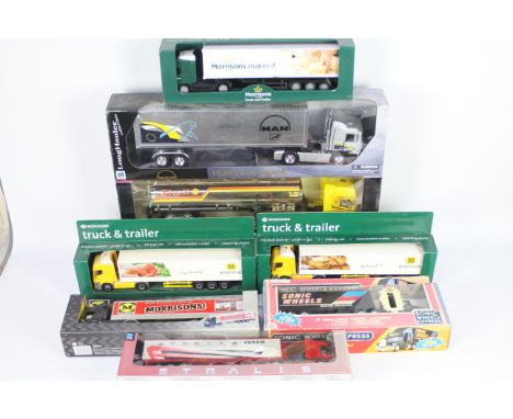 NewRay - FunRise - 8 x boxed trucks in 1:43 and 1:32 scale including an Iveco Straulis, a MAN FLS, a Scania R124/400 and othe