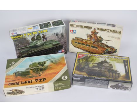 Spijnia, Tamiya, Hobby Boss, Tristar - Four boxed plastic model tank kits in various scales. Lot consists of Spijnia 7TP Poli