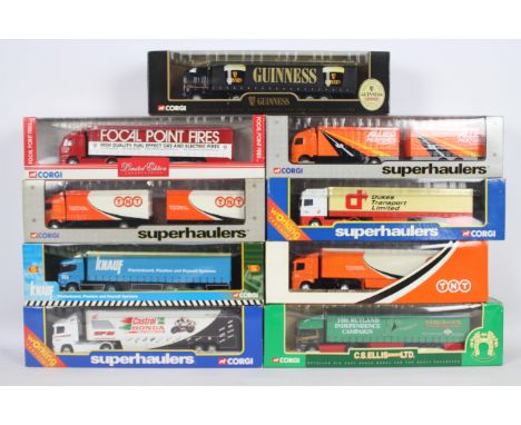 Corgi - An armada of 9 boxed 1:64 scale diecast model trucks from Corgi. Lot includes Corgi CC86604 Scania Curtainside 'Knauf