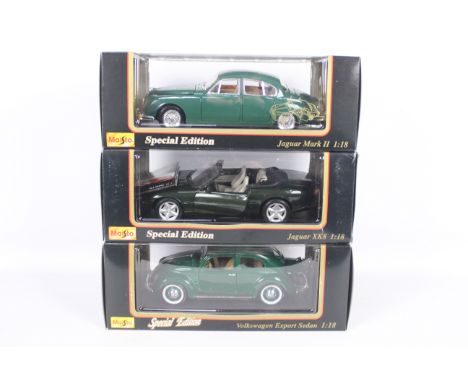 Maisto - Three boxed 1:18 scale 'Special Edition' diecast model cars from Maisto. Lot consists of #31833 Jaguar Mk.II (1959);