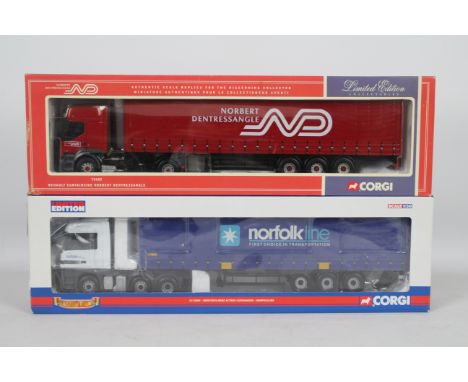 Corgi - Two boxed Corgi Limited Edition 1:50 scale diecast trucks. Lot consists of #75603 Renault Curtainside 'Norbert Dentre