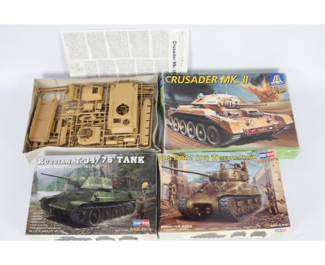 Italeri, Hobby Boss - Three boxed plastic model tank kits. Lot comprises of Hobby Boss 1:48 scale #84808 Russian T-34 / 76 Ta