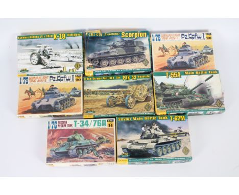 Fujimi, Ace Models - Eight 1:72 scale plastic military vehicle and artillery model kits. Lot includes Fujimi #20 German Light