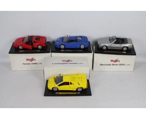 Maisto - Four boxed 1:18 scale diecast model cars from Maisto. Lot consists of #33804 Ferrari 348ts (1990); #33808 Bugatti EB