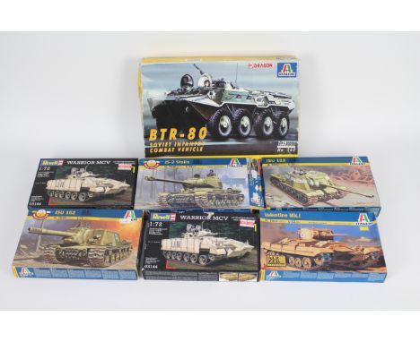 Italeri, Revell - Seven boxed plastic military vehicle model kits mainly in 1:72 scale. Lot includes Italeri #7043 ISU 122Rev