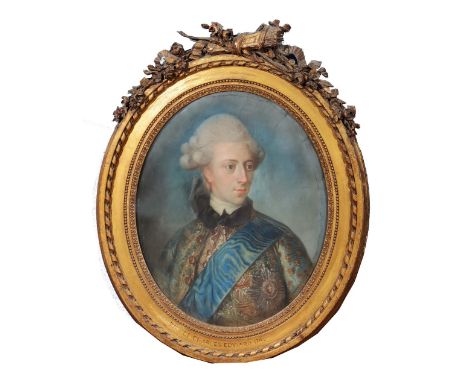 A 19TH CENTURY OVAL PASTEL PORTRAIT OF PRINCE CHARLES EDWARD (BONNIE PRINCE CHARLIE) the subject with blue silk sash, in carv