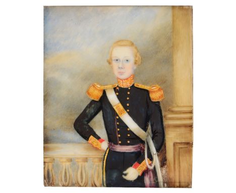 A 19TH CENTURY MINIATURE PORTRAIT OF A YOUNG NAVAL OFFICER the subject standing on a balcony, enamels on a ceramic tile, 14.5