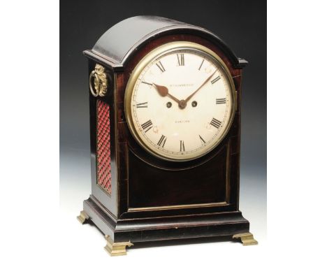 A GEORGE III BRACKET CLOCK with white enamel Roman dial, signed Strowbridge, Dawlish, the twin train fusee movement with bell