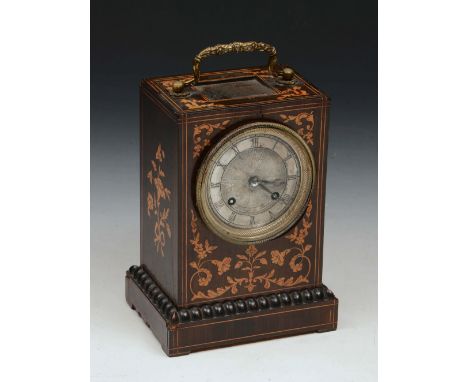 A LATE 19TH CENTURY FRENCH ROSEWOOD AND INLAID MANTEL CLOCK the silvered dial signed Duval à Paris, the case inlaid with flow