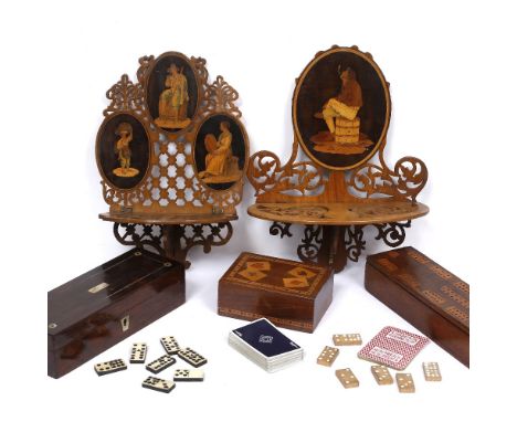 A LATE 19TH CENTURY ITALIAN OLIVE WOOD FRET PIERCED FOLDING WALL BRACKET inlaid with three oval reserves of peasants, 33cm hi