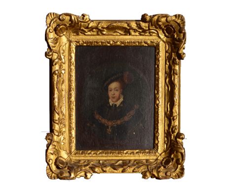 A PORTRAIT OF 'EDWARD THE SIXTH' so titled verso, the subject in formal dress, oil on panel, 20.2cm x 16.2cm in gilded frame