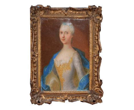 A 19TH CENTURY GERMAN SCHOOL PASTEL PORTRAIT OF A YOUNG LADY the subject wearing a white silk dress with blue stole, with a c