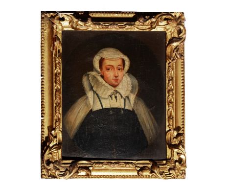 A PORTRAIT OF 'QUEEN MARY THE 1ST' so titled verso, the subject in formal black and white robes, oil on oak panel, 25cm x 19.