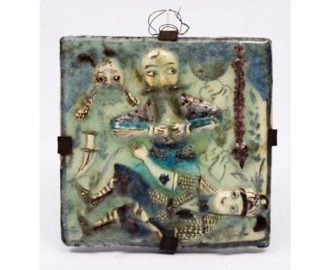 A PERSIAN TURQUOISE GLAZE CERAMIC TILE decorated a bottle scene with owl and snake 14cm square 
