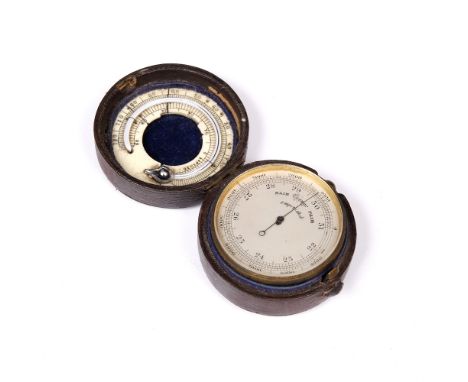 A 19TH CENTURY BRASS POCKET BAROMETER with silvered dial, in fitted leather case, the lid inset with a curved ivory thermomet