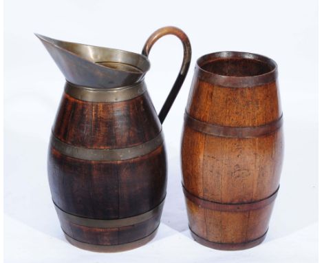 AN EARLY 20TH C BRASS BOUND COOPERED OAK STICK STAND of jug form, 63cm high and another barrel shaped, 54cm high. (2)