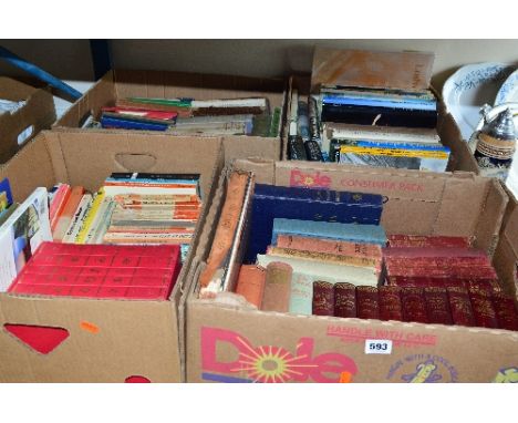 FOUR BOXES OF BOOKS, to include ten volumes of Dickens, a collection of Folio Society books by Jane Austin, together with aut