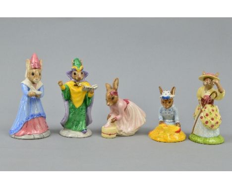 FIVE ROYAL DOULTON BUNNYKINS FIGURES 'Ballerina' DB176, 'Seaside' DB177 (signed), 'Mystic' DB197, 'Sundial' DB213 and 'Little