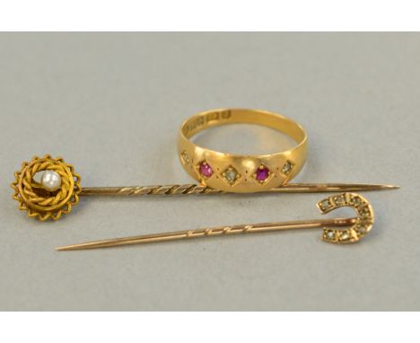 A VICTORIAN 15CT RUBY AND DIAMOND RING, ring size L, a 15ct stick pin and a diamond horseshoe stick pin (3)