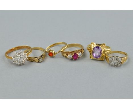 SIX ASSORTED GEM SET RINGS, to include a fire opal single stone, ring size M, a cubic zirconia cluster ring, ring size T, a 9