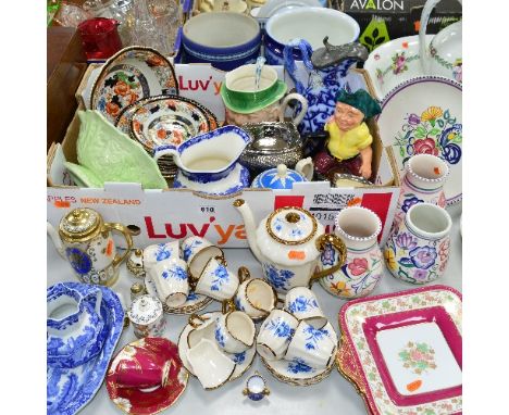 A BOX OF ASSORTED CERAMICS, to include a Wade tea set, four pieces of 1930's Poole Pottery and a Noritake teaset etc (1 box a