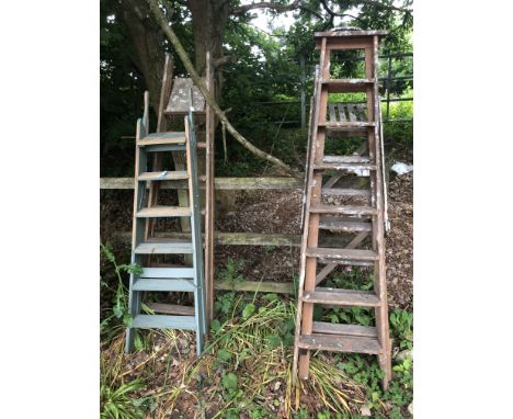 FOUR VARIOUS VINTAGE WOODEN STEP LADDERS