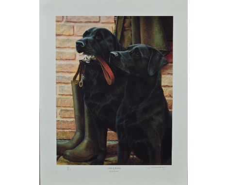 NIGEL HEMMING (BRITISH 1957) 'LADIES IN WAITING'  an artist proof print 24/25 of a pair of black labradors waiting to go for 