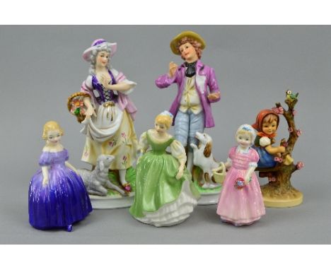 SIX VARIOUS FIGURES, to include three Royal Doulton 'Tinkle Bell' HN1677, 'Marie' HN1370 and 'Fair Maiden' HN2211, a Hummel f