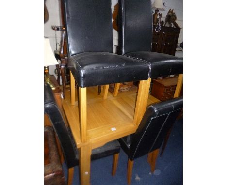 A LIGHT OAK SQUARE TOPPED DINING TABLE, approximate size width 100cm x depth 100cm x height 78cm and four leather style chair