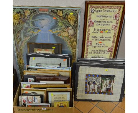 PICTURES AND PRINTS, a quantity of clip framed papyrus pictures, modern calligraphy quotes, tarot card prints etc (box and lo