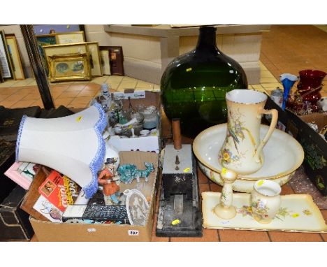 TWO BOXES AND LOOSE CERAMICS, GLASS, SUNDRY ITEMS ETC, to include Aynsley 'Cottage Garden' lamp base, large glass bolbous bot
