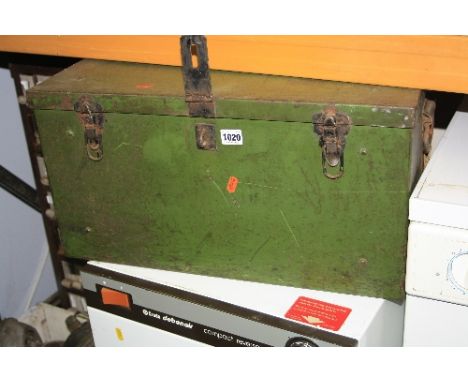 A VINTAGE METAL TOOL CHEST, with wooden lining, approximate size 57cm x 37cm x 30cm
