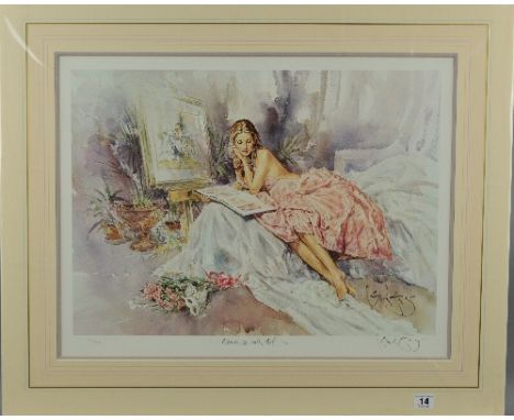 GORDON KING (BRITISH 1939) 'ROMANCE WITH ART', a limited edition print 576/600, depicting an artists model on a bed, signed, 