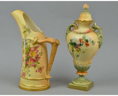 A ROYAL WORCESTER PORCELAIN JUG, painted with flowers on a blush ivory ground No.1116, puce factory mark, height approximatel