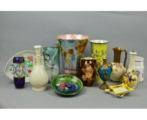 VARIOUS VASES, DISHES ETC, to include Royal Worcester twin handled cream vase No 942, a Moorcroft table lamp 'Hibiscus' patte