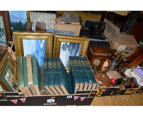 THREE BOXES AND LOOSE SUNDRY ITEMS, etc, to include Cash's silk pictures, a vintage leather cased tape measure, an ebony hand