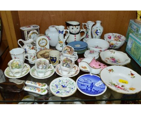 A GROUP OF TRINKETS AND MINIATURES, to include Spode timepiece from 'The Cabinet Collection', Aynsley 'Cottage Garden' timepi