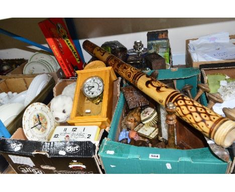THREE BOXES OF TREEN METALWARE AND MISCELLANOUS ITEMS, to include didgeridoo, tins, Black forest style wooden candlesticks, a