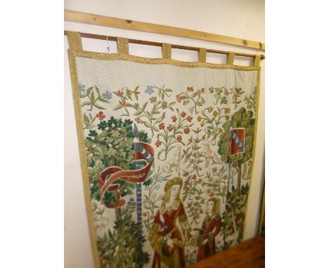 A 20TH CENTURY WALL TAPESTRY OF A MEDIEVAL SCENE, on an oak rail, approximate size width 122cm x height 227cm