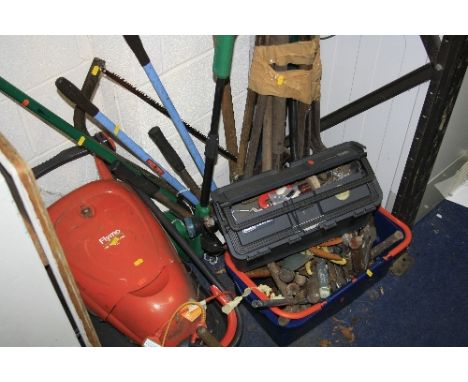 TWO BOXES OF TOOLS, a bundle of Garden tools and loose and a Flymo electric lawn mower